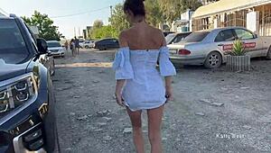 Check out these two girls flashing pussies in public with no panties on!