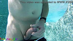 I cheekily jerk off my fat cock in a public thermal pool, feeling the hot underwater fun