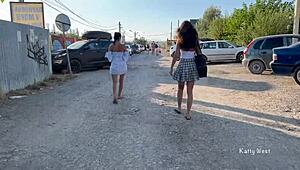 Check out these two girls flashing pussies in public with no panties on!