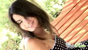 Cute Brunette Teen 18+ Strips In Rain Outside Showing Big Tits And Pussy