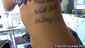 strapon fucks lesbo pov with big ass and tattoo