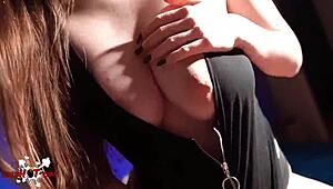 Babe strokes huge cock, cum splatters big natural tits