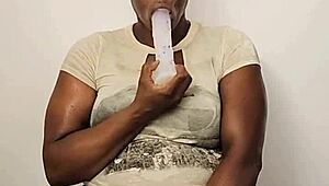 Ebony wife touches herself in shower while clothed