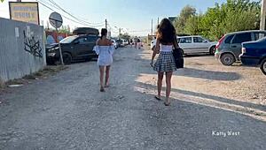 Check out these two girls flashing pussies in public with no panties on!