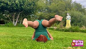 Outdoor Yoga Stretching in Tight Dress