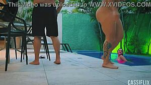 My friend lets her boyfriend fuck my ass by the pool, watch the full video