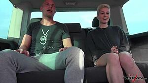 She offers her pussy for a ride home, and he gives her a huge cumshot in return.