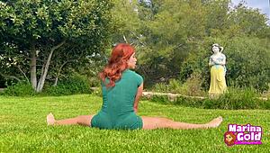Outdoor Yoga Stretching in Tight Dress