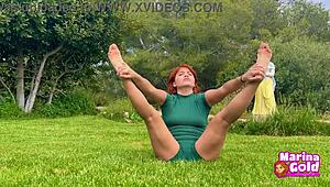 Outdoor Yoga Stretching in Tight Dress