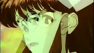 Intriguing anime strapon threesome with big tits