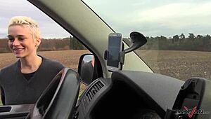 She offers her pussy for a ride home, and he gives her a huge cumshot in return.