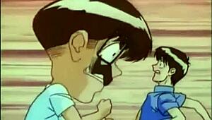 Intriguing anime strapon threesome with big tits