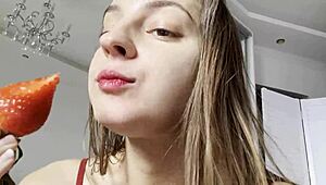 i'm watching melena maria rya strip in hot red lingerie, her shaved pussy on display