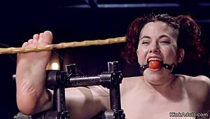 rough bondage with custom device, gas mask, deepthroat gagging and toys.