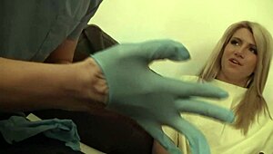 Beautiful blonde pornstar gives blowjob through glory hole, shaved pussy with big lips, orgasm follows