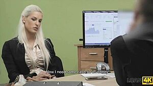 Pervert Guy Pays Cash to Fuck Busty Blonde at Work. Dirty Deal for Horny Action!