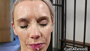 flirty centerfold receives facial and swallows cum in blowbang