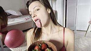 i'm watching melena maria rya strip in hot red lingerie, her shaved pussy on display