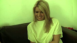 Beautiful blonde pornstar gives blowjob through glory hole, shaved pussy with big lips, orgasm follows