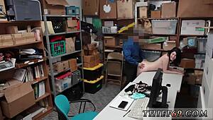 Petite teen in uniform takes strapon double penetration after theft probe
