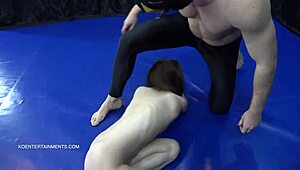 Nata Ocean strips naked and rubs her tight pussy on the wrestler.