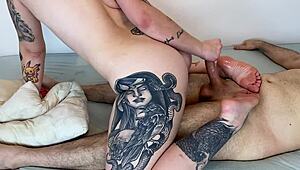 Pornstar performs footjob and handjob for femdom domination, cum compilation.