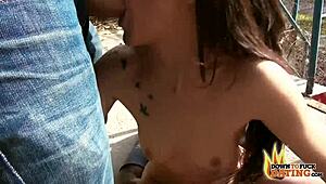 Nerdy Lullu Gun in Public Interracial Threesome