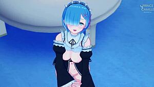 Sweet and naughty anime maid Rem gets wild