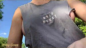 wife dares to flash big tits in public with ripped shirt