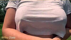 Milf dares to flash big tits braless in wild public run!