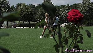 Young babe takes a big black cock deep in her ass outdoors with slow thrusts