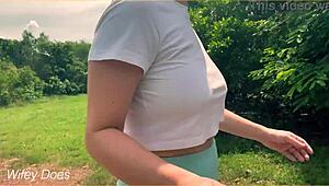 Milf dares to flash big tits braless in wild public run!