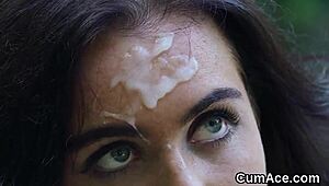 Hot sex kitten feels intense pleasure from cumshot on face in blowbang