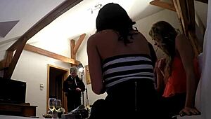 European beauties in short skirts and miniskirts dance at a sexy party