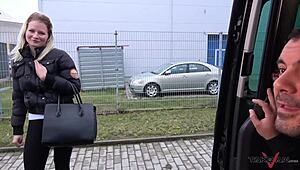 Blondie spreads her shaved legs for a rough public quickie in the van. Her ass gets cummed on.