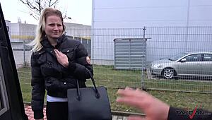 Blondie spreads her shaved legs for a rough public quickie in the van. Her ass gets cummed on.