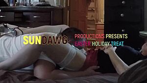 Hey, enjoy this hot wife's Easter treat in stockings and lingerie!