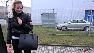 Blondie spreads her shaved legs for a rough public quickie in the van. Her ass gets cummed on.