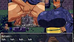 Tanned girl Natsuki gets cum inside her ass in public hentai game