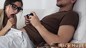 Girlfriend feels intense pleasure from sloppy blowjob on big dick