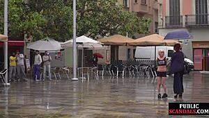 Public slut faces humiliation on the street by strict domina in outdoor whipping