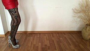 tranny in miniskirt jerks off in hot pantyhose fetish scene.