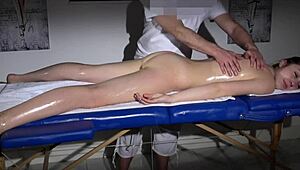 Sexy European Teen Babe Denisse Gets Oiled Massage on Desk, Showing Natural Tits