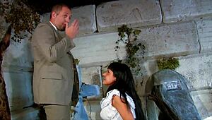 Brunette European Mature Gives Handjob and Blowjob in Wild Cemetery Scene