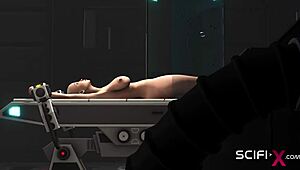 Sci-fi cyborg interacts with young hottie in lab restraints