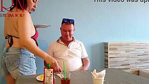 Man, I’m shook... this naked waitress got a guest eatin’ from her navel, full teaser vid is wild!