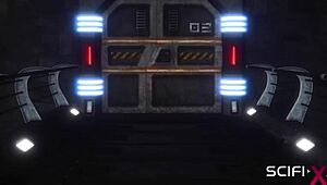 Sci-fi cyborg interacts with young hottie in lab restraints