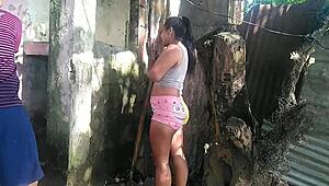 Neighbor grabs my big ass while I bathe naked in massage session.