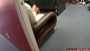 Hey, wanna see me pick up a big dick for desk sex? This brunette's natural tits are ready!