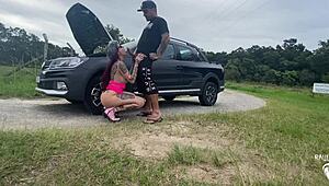 Beautiful woman stranded on the side of the road seeks assistance and offers sexual favors